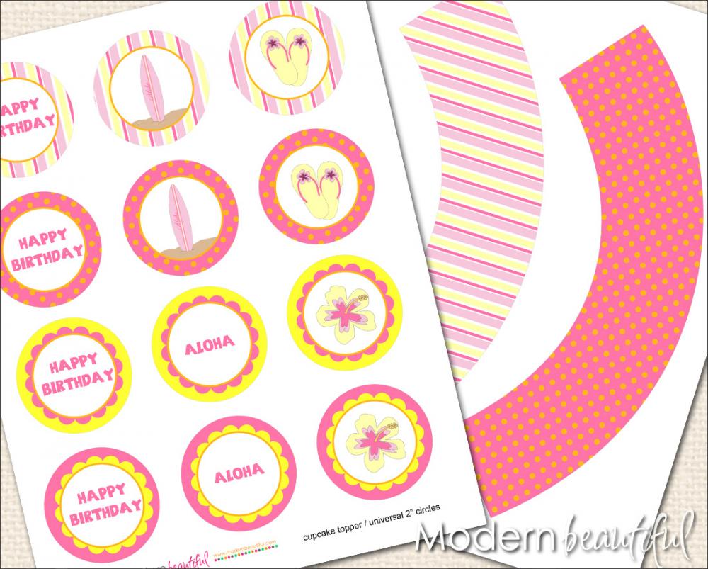 Printable Cupcake Toppers and Wrappers Aloha Hawaiian Party Surf Board Flipflops Hibiscus