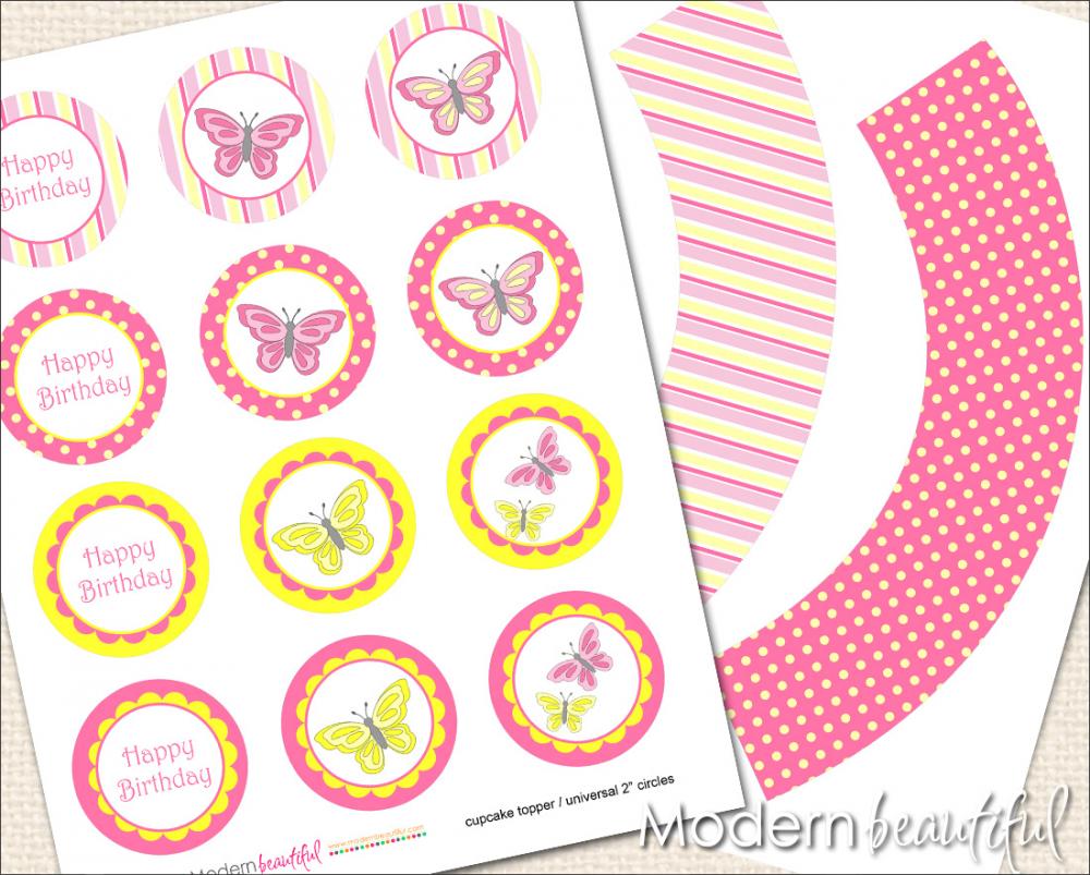 Printable Cupcake Toppers and Wrappers Butterfly Party Pink Yellow Polka Dot Stripe 